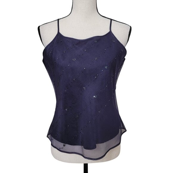 Merona Size M Navy Blue 100% Silk Cami/Tank. Sheer with Sequins over Solid - Picture 1 of 10